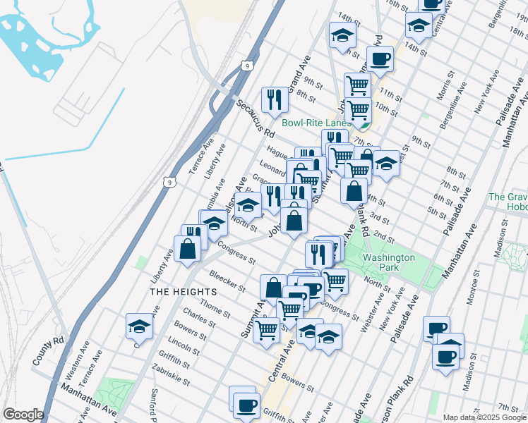 map of restaurants, bars, coffee shops, grocery stores, and more near 105 Poplar Street in Jersey City
