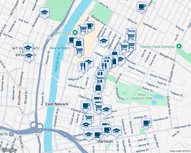map of restaurants, bars, coffee shops, grocery stores, and more near 54 John Street in Kearny