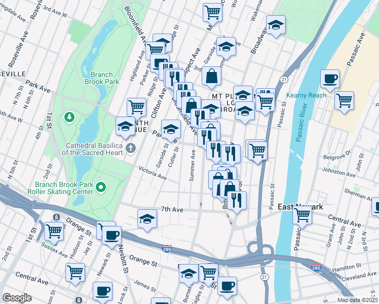 map of restaurants, bars, coffee shops, grocery stores, and more near 118 Summer Avenue in Newark