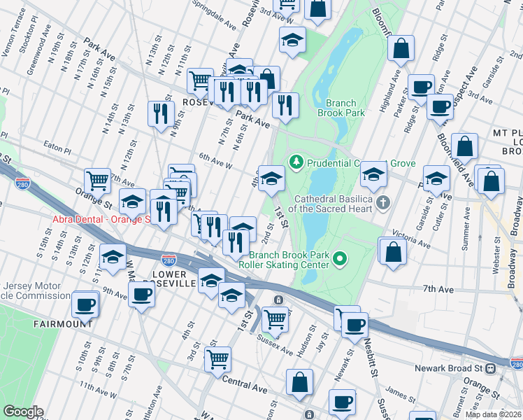 map of restaurants, bars, coffee shops, grocery stores, and more near 1st Street in Newark
