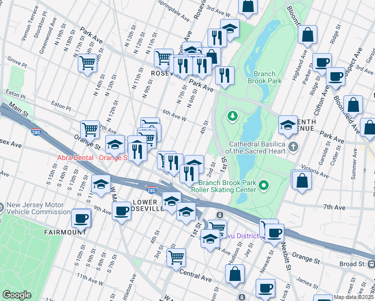 map of restaurants, bars, coffee shops, grocery stores, and more near 220 4th Street in Newark