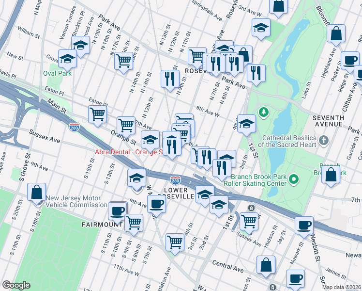 map of restaurants, bars, coffee shops, grocery stores, and more near 122 Roseville Avenue in Newark