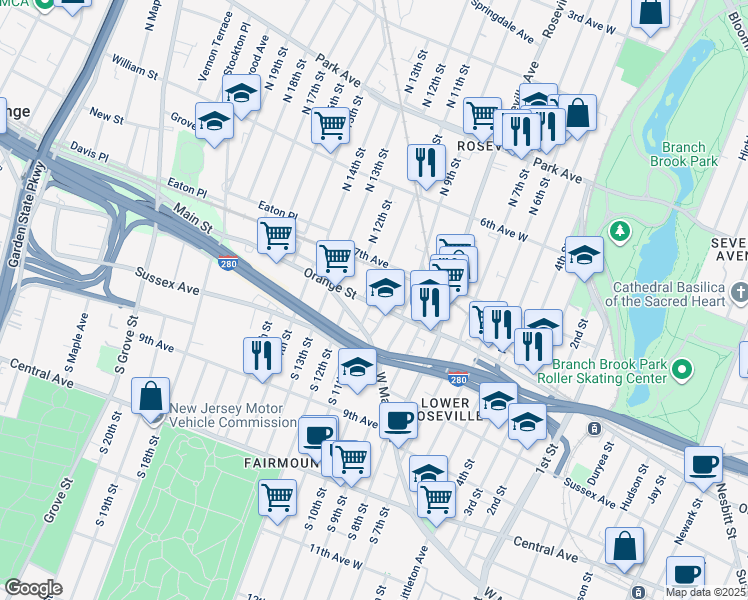 map of restaurants, bars, coffee shops, grocery stores, and more near 7 North 11th Street in Newark