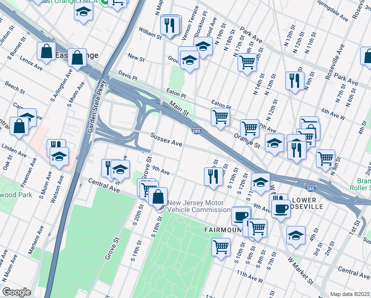 map of restaurants, bars, coffee shops, grocery stores, and more near 58 Steuben Street in East Orange