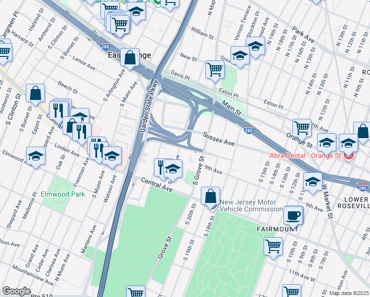 map of restaurants, bars, coffee shops, grocery stores, and more near 29 Winthrop Terrace in East Orange