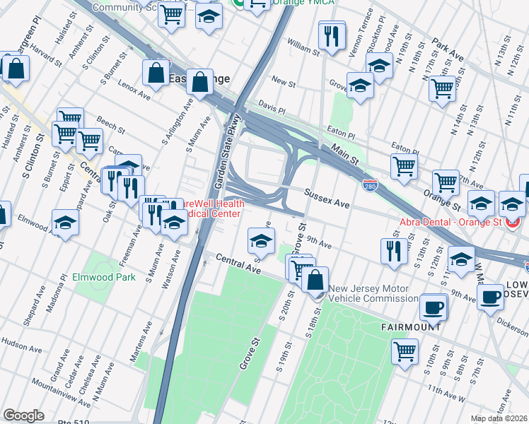 map of restaurants, bars, coffee shops, grocery stores, and more near 29 Winthrop Terrace in East Orange