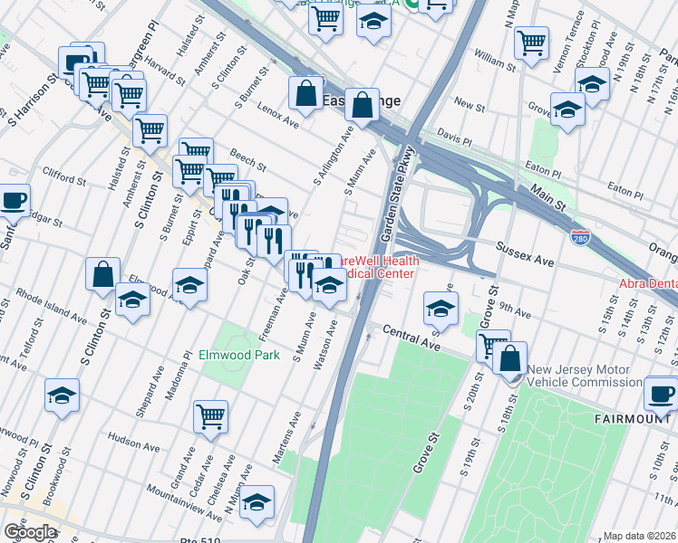 map of restaurants, bars, coffee shops, grocery stores, and more near 70 South Munn Avenue in East Orange