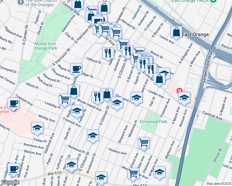 map of restaurants, bars, coffee shops, grocery stores, and more near 297 South Burnet Street in East Orange