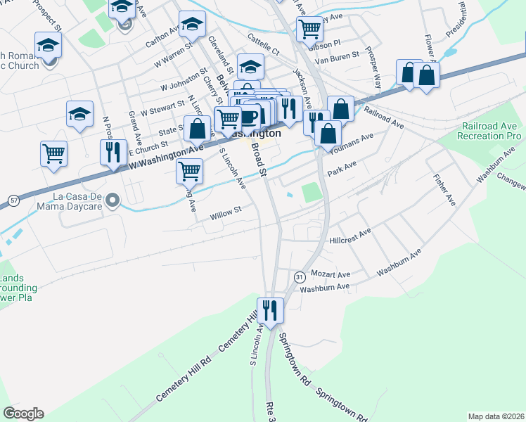 map of restaurants, bars, coffee shops, grocery stores, and more near 127 Broad Street in Washington