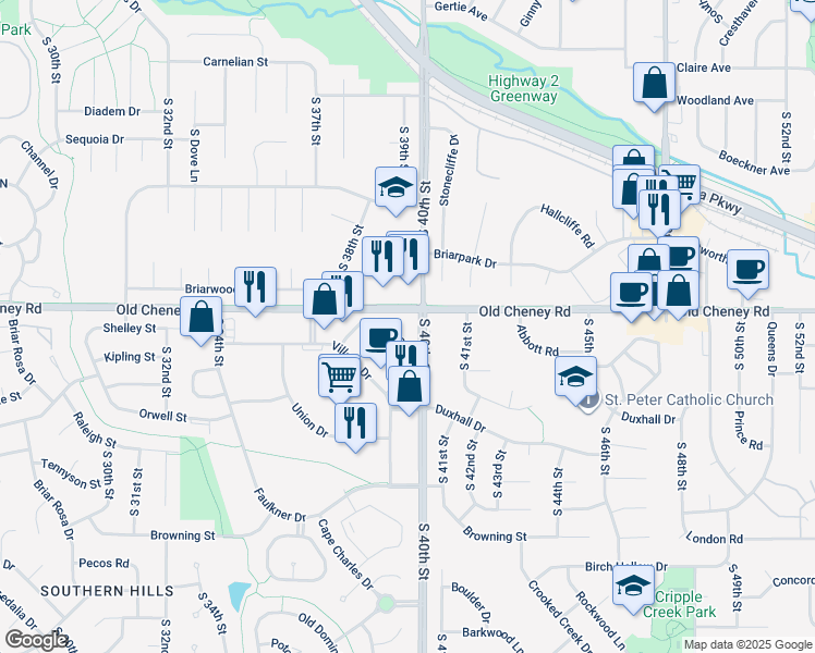 map of restaurants, bars, coffee shops, grocery stores, and more near 3901 Old Cheney Road in Lincoln