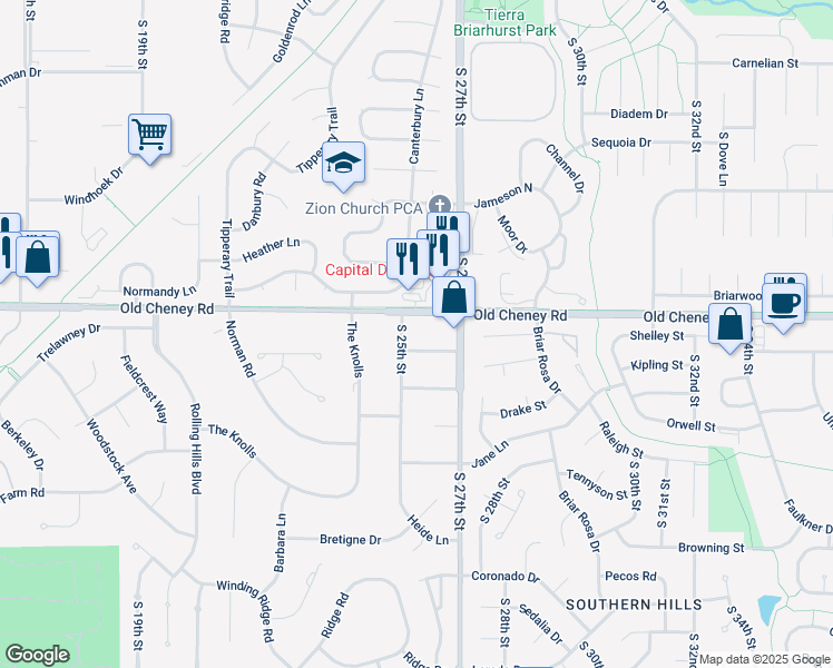 map of restaurants, bars, coffee shops, grocery stores, and more near 5720 South 25th Street in Lincoln