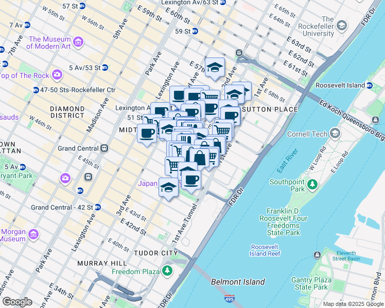map of restaurants, bars, coffee shops, grocery stores, and more near 301 East 50th Street in New York