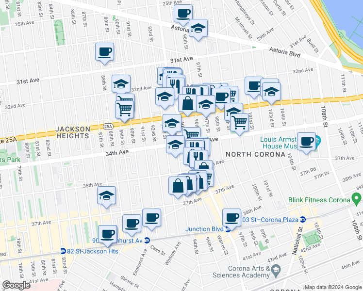map of restaurants, bars, coffee shops, grocery stores, and more near 94-6 34th Avenue in Queens