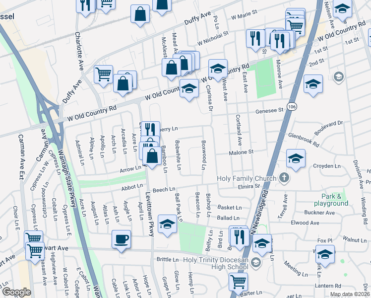map of restaurants, bars, coffee shops, grocery stores, and more near 18 Boulder Lane in Hicksville