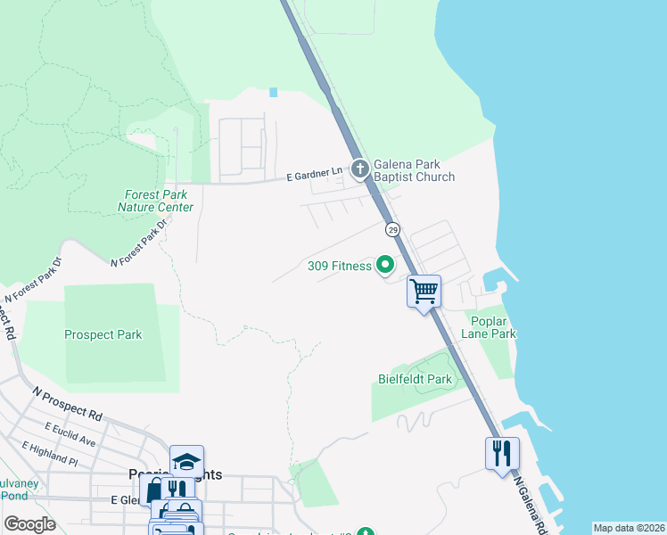 map of restaurants, bars, coffee shops, grocery stores, and more near 1725 East Saint Jude Court in Peoria Heights