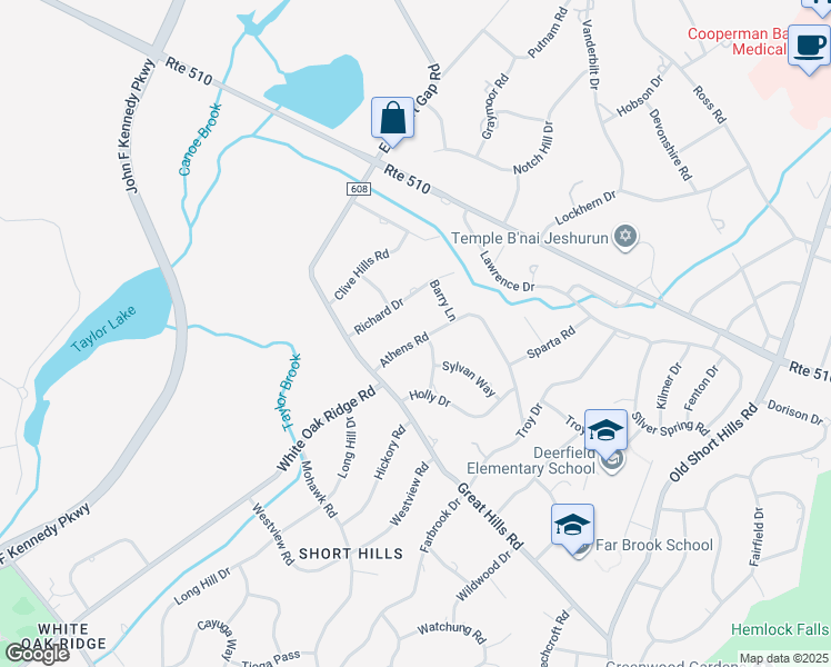 map of restaurants, bars, coffee shops, grocery stores, and more near 23 Athens Road in Millburn