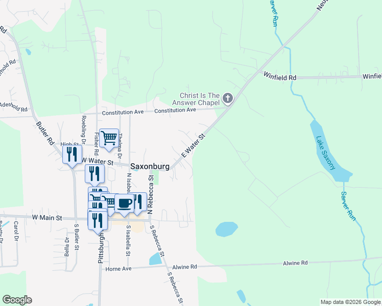 map of restaurants, bars, coffee shops, grocery stores, and more near 154 East Water Street in Saxonburg