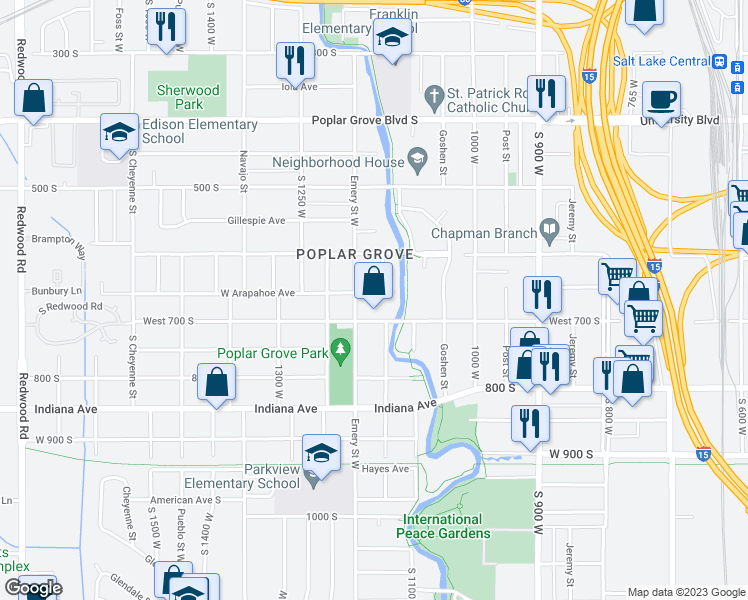 map of restaurants, bars, coffee shops, grocery stores, and more near 1143 West Arapahoe Avenue in Salt Lake City