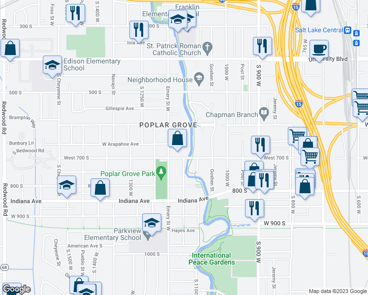 map of restaurants, bars, coffee shops, grocery stores, and more near 1131 West Arapahoe Avenue in Salt Lake City