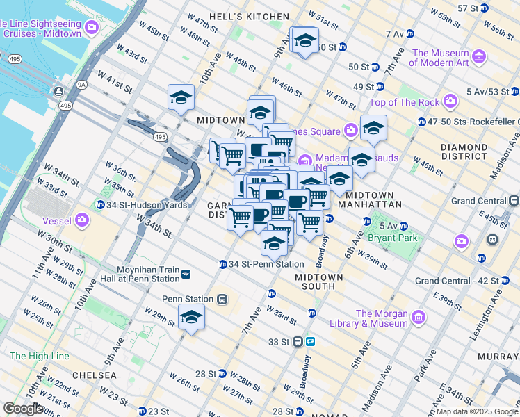 map of restaurants, bars, coffee shops, grocery stores, and more near 250 West 39th Street in New York