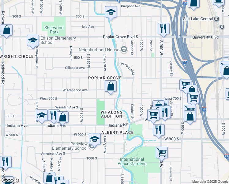 map of restaurants, bars, coffee shops, grocery stores, and more near 1131 West Arapahoe Avenue in Salt Lake City