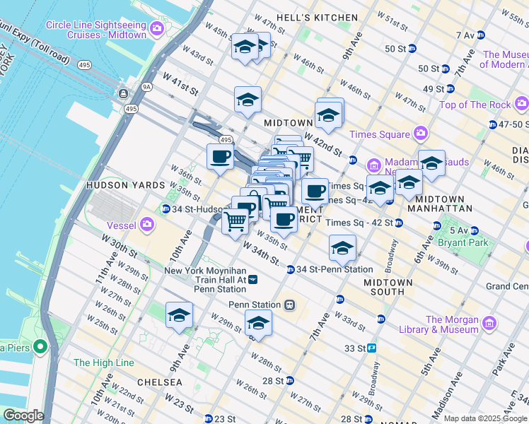 map of restaurants, bars, coffee shops, grocery stores, and more near 462 9th Avenue in New York