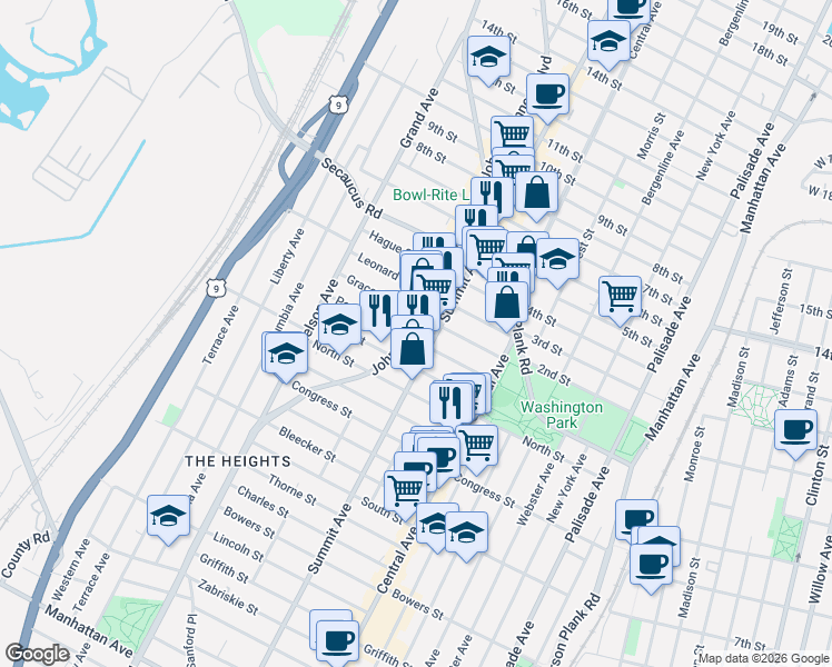 map of restaurants, bars, coffee shops, grocery stores, and more near 3664 John F. Kennedy Boulevard in Jersey City
