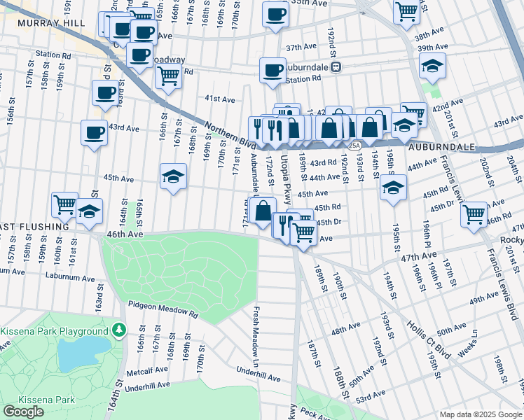 map of restaurants, bars, coffee shops, grocery stores, and more near 45-27 Auburndale Lane in Queens