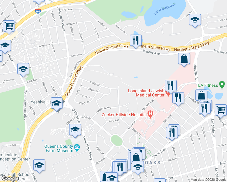 map of restaurants, bars, coffee shops, grocery stores, and more near 72-10 267th Street in Queens
