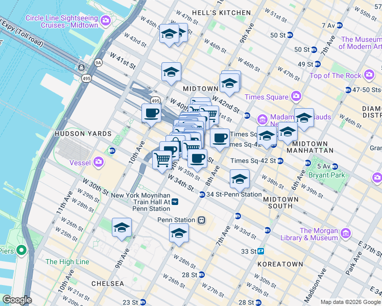 map of restaurants, bars, coffee shops, grocery stores, and more near 352 West 37th Street in New York