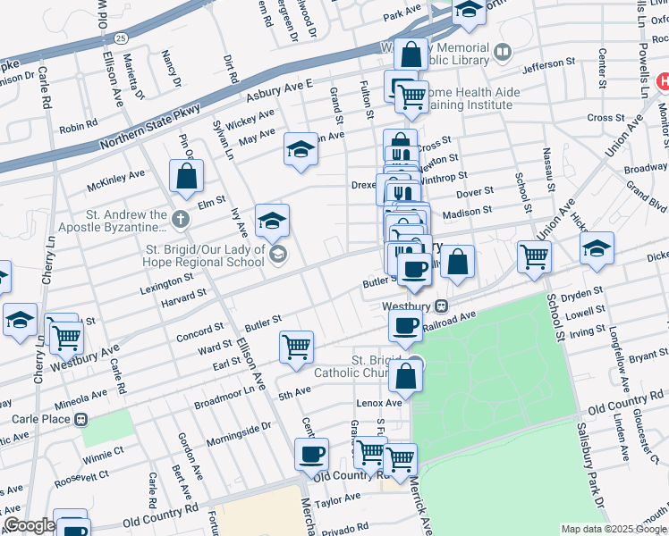 map of restaurants, bars, coffee shops, grocery stores, and more near 170 Maple Avenue in Westbury