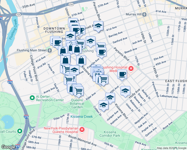 map of restaurants, bars, coffee shops, grocery stores, and more near 43-31 Kissena Boulevard in Queens