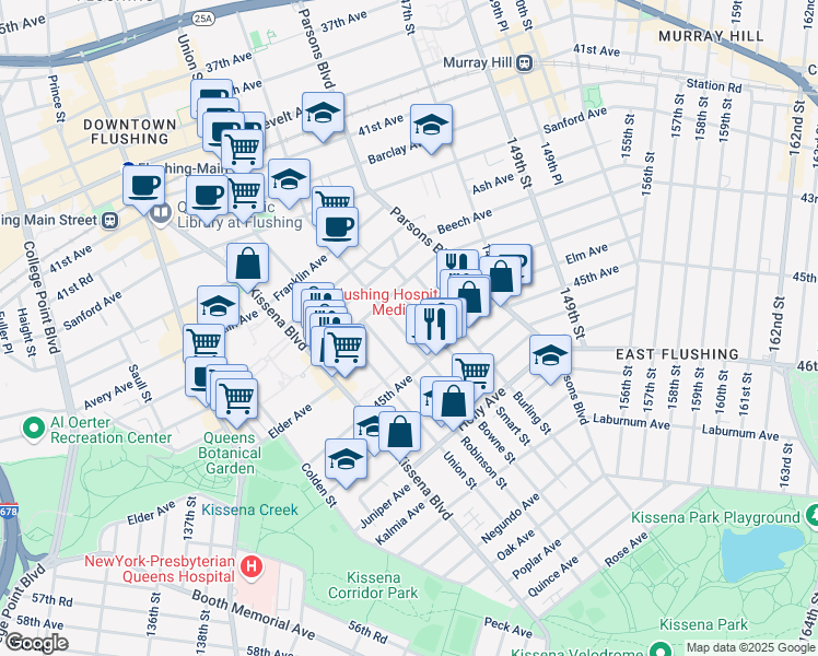 map of restaurants, bars, coffee shops, grocery stores, and more near 43-31 Bowne Street in Queens