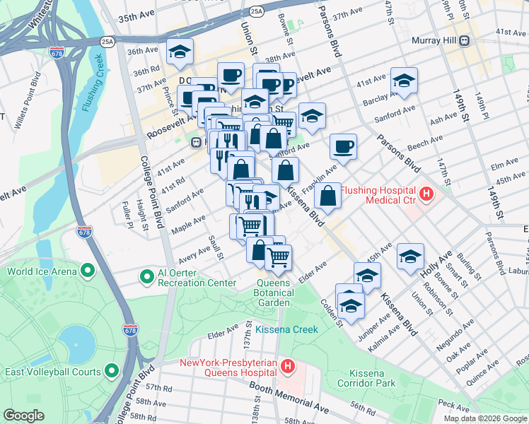 map of restaurants, bars, coffee shops, grocery stores, and more near 137-05 Franklin Avenue in Queens