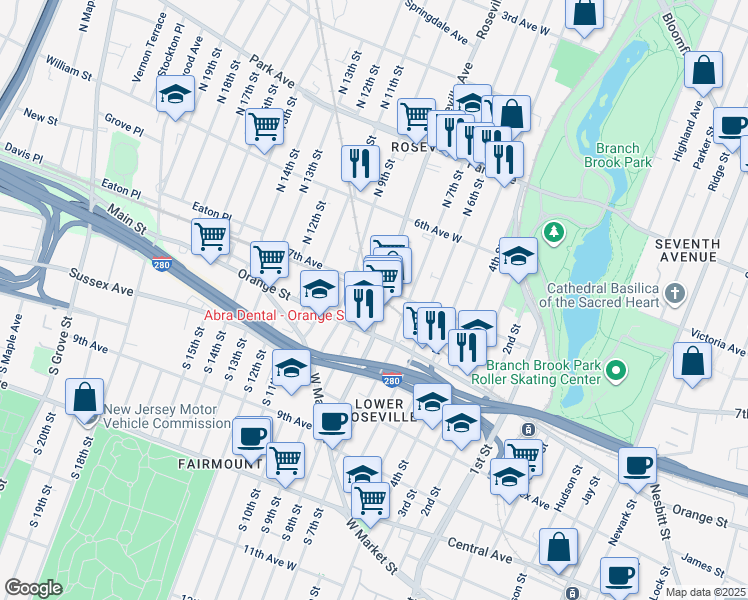 map of restaurants, bars, coffee shops, grocery stores, and more near 122 Roseville Avenue in Newark