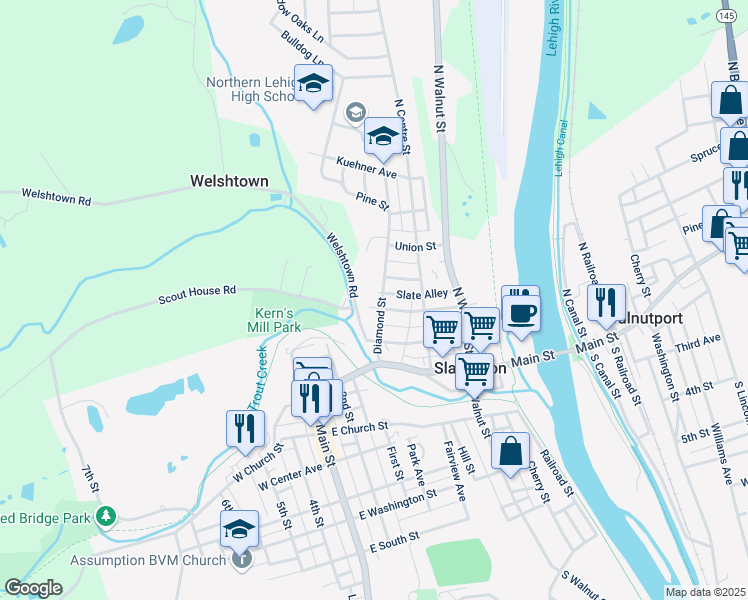 map of restaurants, bars, coffee shops, grocery stores, and more near 217 Diamond Street in Slatington