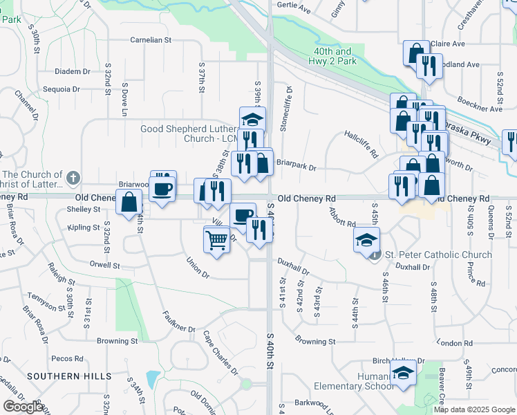 map of restaurants, bars, coffee shops, grocery stores, and more near 3901 Old Cheney Road in Lincoln
