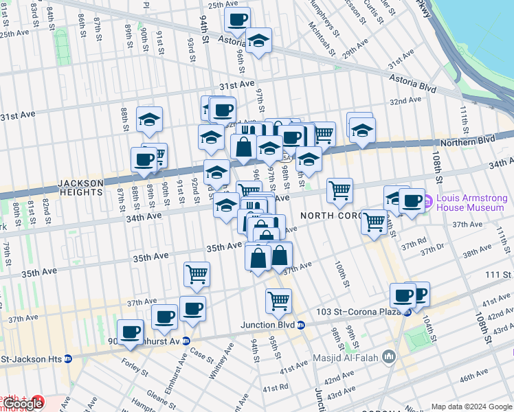 map of restaurants, bars, coffee shops, grocery stores, and more near 34-4 96th Street in Queens