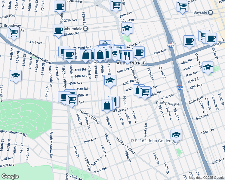 map of restaurants, bars, coffee shops, grocery stores, and more near 45-35 195th Street in Queens