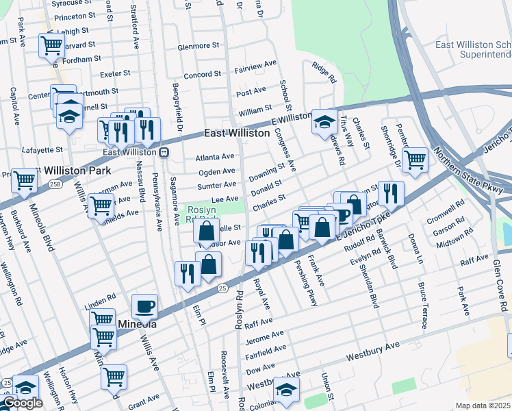 map of restaurants, bars, coffee shops, grocery stores, and more near 92 Charles Street in Mineola