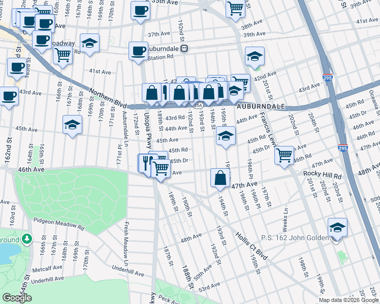 map of restaurants, bars, coffee shops, grocery stores, and more near 45-28 192nd Street in Queens