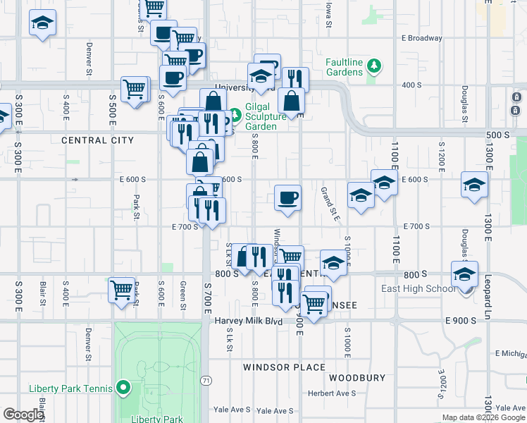 map of restaurants, bars, coffee shops, grocery stores, and more near 832 East Sego Avenue in Salt Lake City
