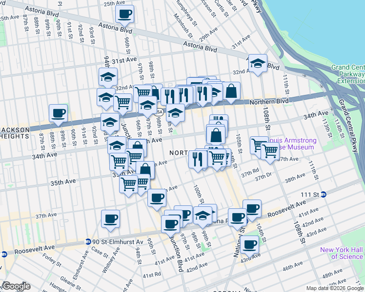 map of restaurants, bars, coffee shops, grocery stores, and more near 34-20 101st Street in Queens
