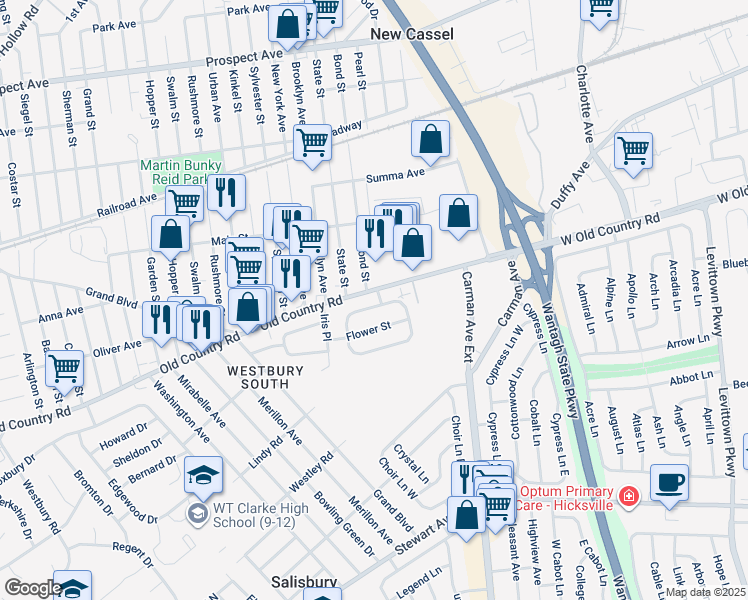 map of restaurants, bars, coffee shops, grocery stores, and more near 2520 Hyacinth Court in Westbury