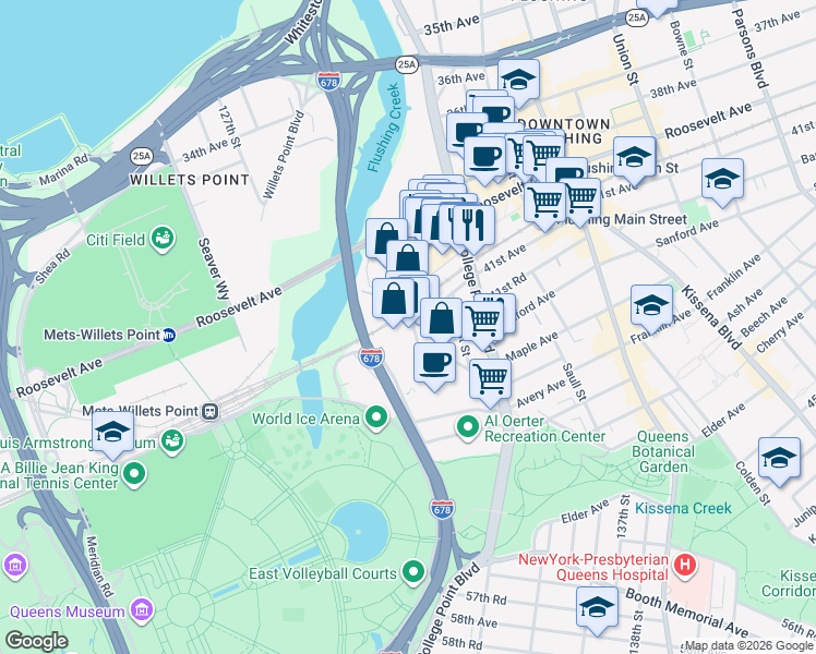 map of restaurants, bars, coffee shops, grocery stores, and more near 41-2 Delong Street in Queens