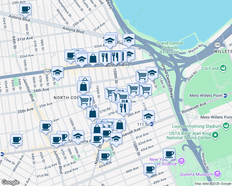 map of restaurants, bars, coffee shops, grocery stores, and more near 108-09 36th Avenue in Queens