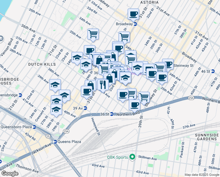 map of restaurants, bars, coffee shops, grocery stores, and more near 36 33rd Street in Queens