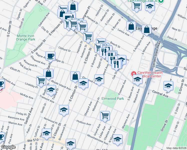 map of restaurants, bars, coffee shops, grocery stores, and more near 71 Eppirt Street in East Orange