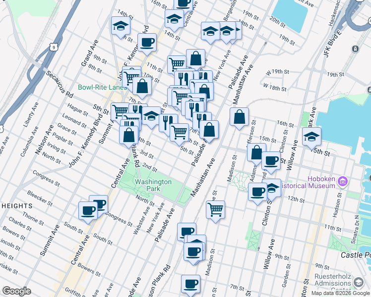 map of restaurants, bars, coffee shops, grocery stores, and more near 322 5th Street in Union City