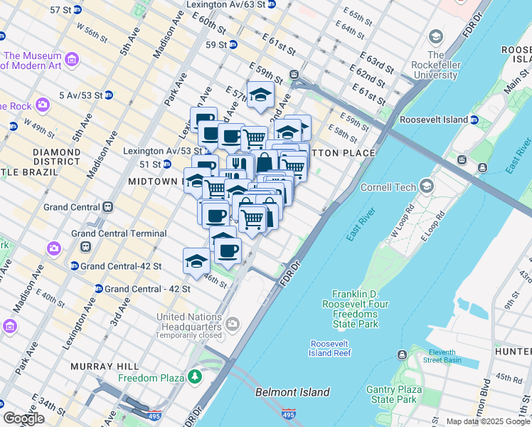 map of restaurants, bars, coffee shops, grocery stores, and more near 335 East 51st Street in New York